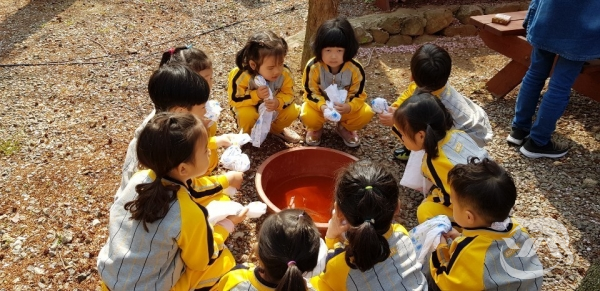 밀양시 밀주초등학교 병설유치원 원생들이 초동면에 있는 꽃새미 마을을 탐방하고 있다.