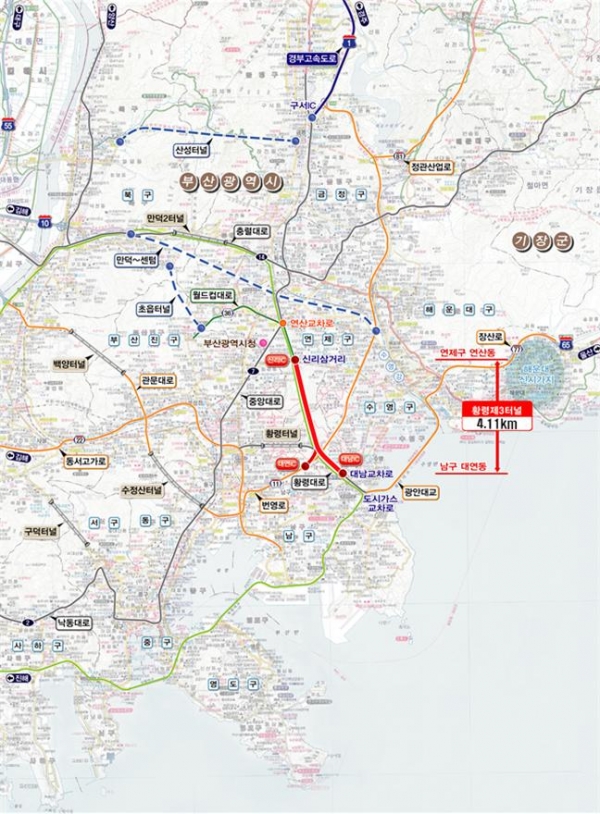 황령3터널 도로개설사업 위치도(사진=부산시청 제공)